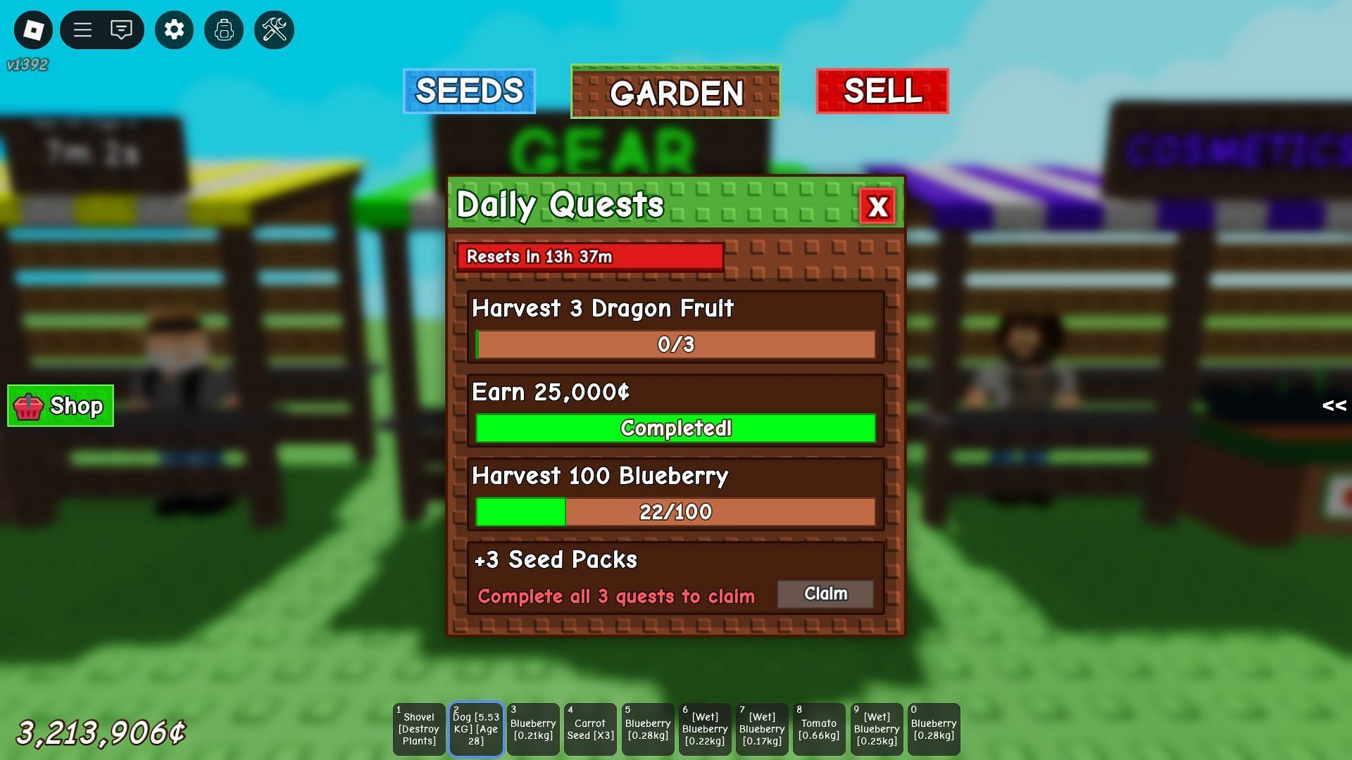 Normal Seed Packs are available via daily quest completion (Image via Roblox)